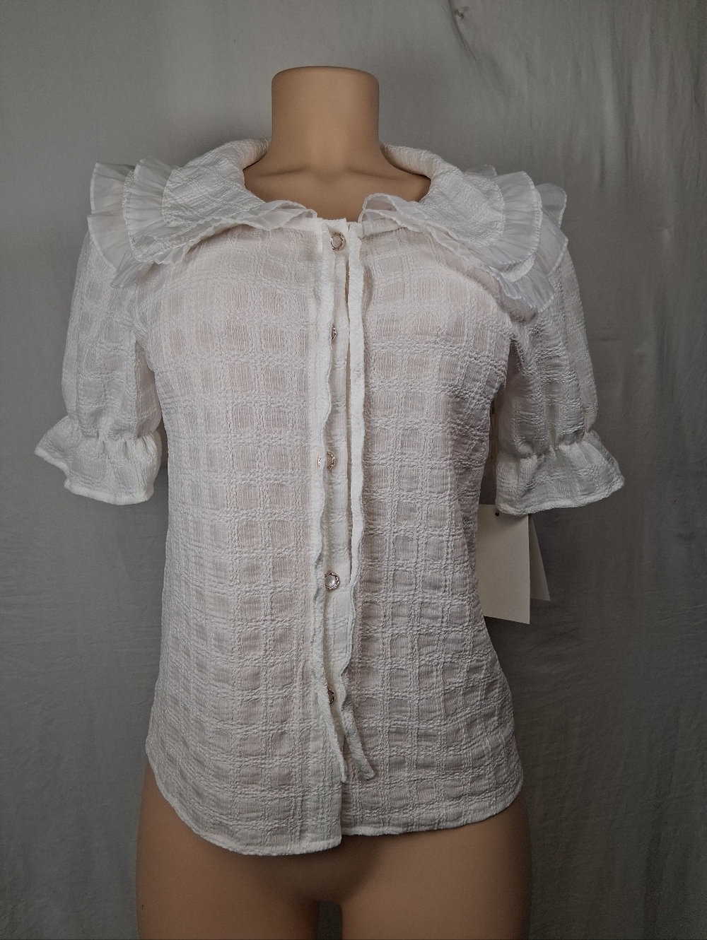 Cocoblue New Women's White Ruffled Collar Button-Front Top - Picture 12 of 15